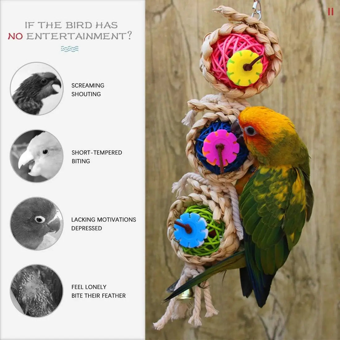 Hilitchi Vibrant 3-Pack Bird Toy Set: Engaging Hanging Bells, Rattan Balls, and Twisted String for Happy Parrots, Parakeets, and Lovebirds - Perfect for Small Cages! Hilitchi