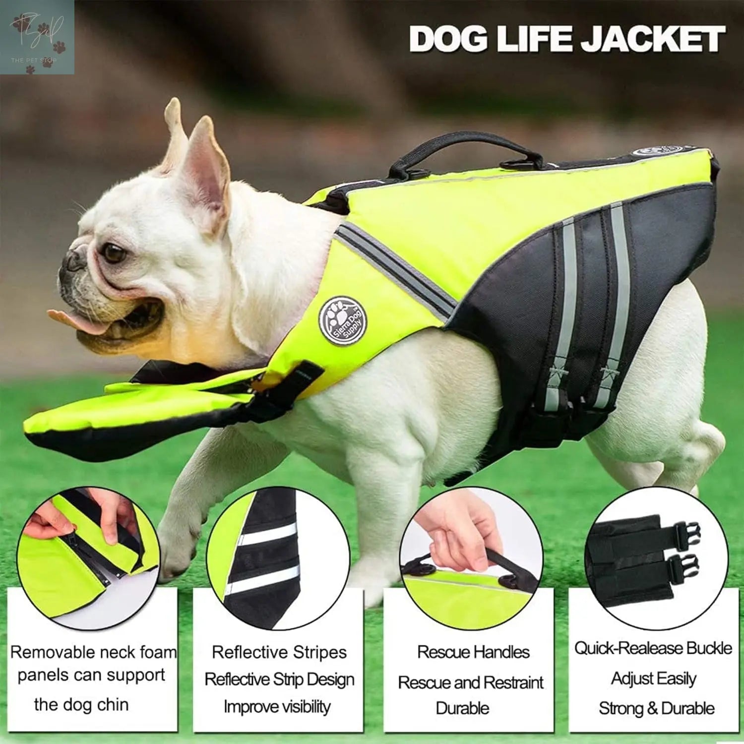 French Bulldog Life Jacket with Chin Float and Rescue Handle - Adjustable High Visibility Flotation Vest for Corgis and Pugs (Green) Petglad