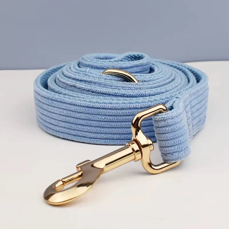 Custom Engraved Blue Corduroy Dog Collar and Leash Set for Pets NONE