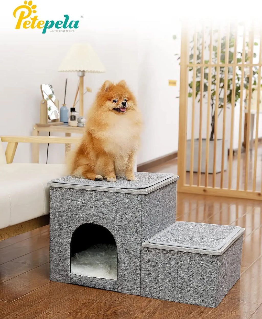 Elevate Your Pet's Comfort: PETEPELA 2-Step Portable Dog Steps with Storage - Stylish Grey Ladder for Easy Couch Access PETEPELA