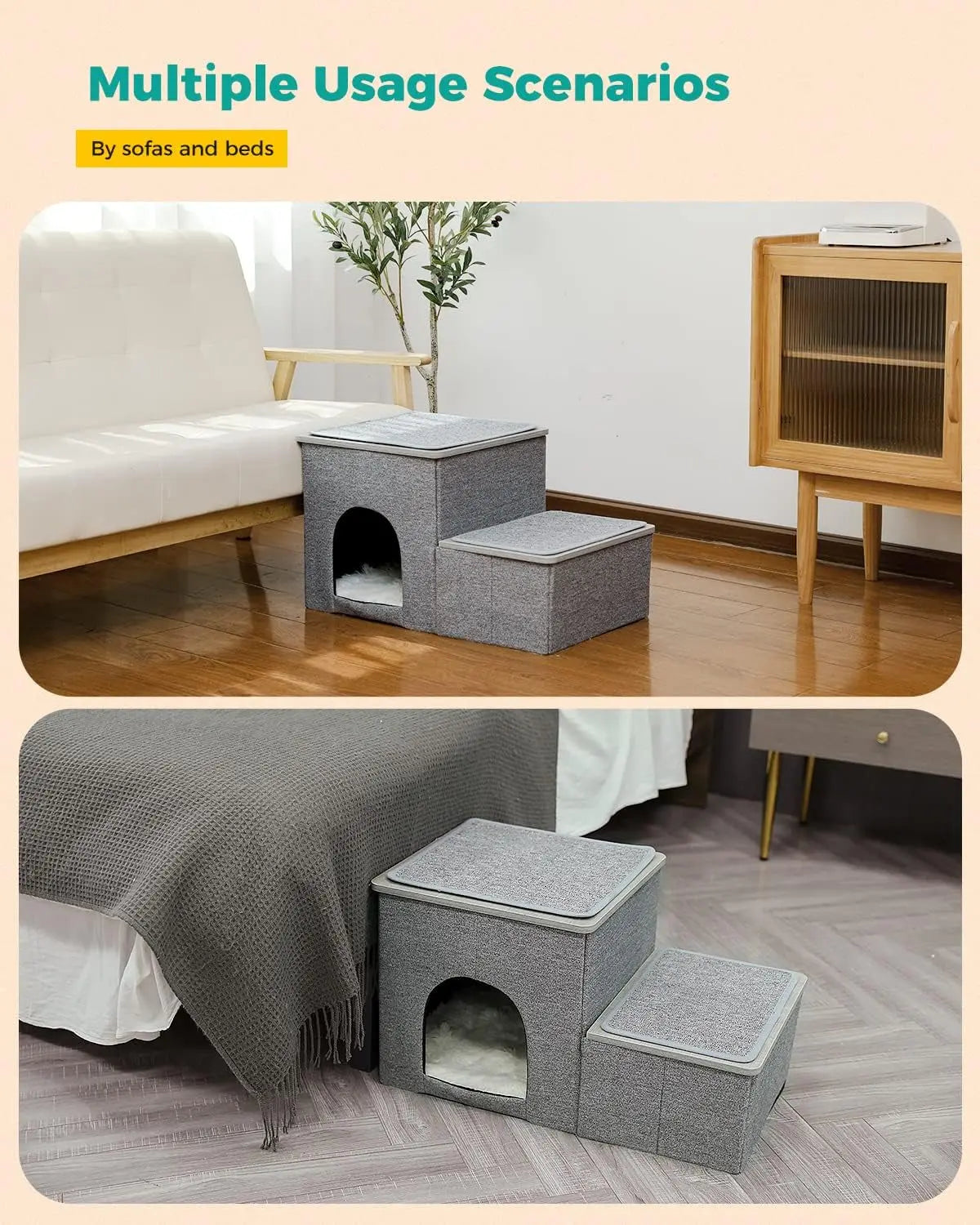 Elevate Your Pet's Comfort: PETEPELA 2-Step Portable Dog Steps with Storage - Stylish Grey Ladder for Easy Couch Access PETEPELA