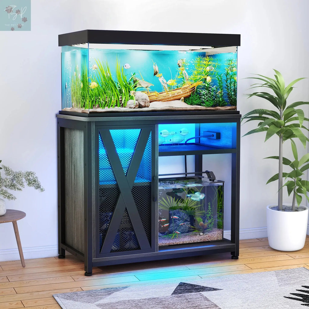 Dextrus Fish Tank Stand Metal Aquarium Stand with Power Outlets & LED Light and Cabinet, for 40-50 Gallon Aquarium Bearable 880LBS Capacity, Gray & Black Dextrus