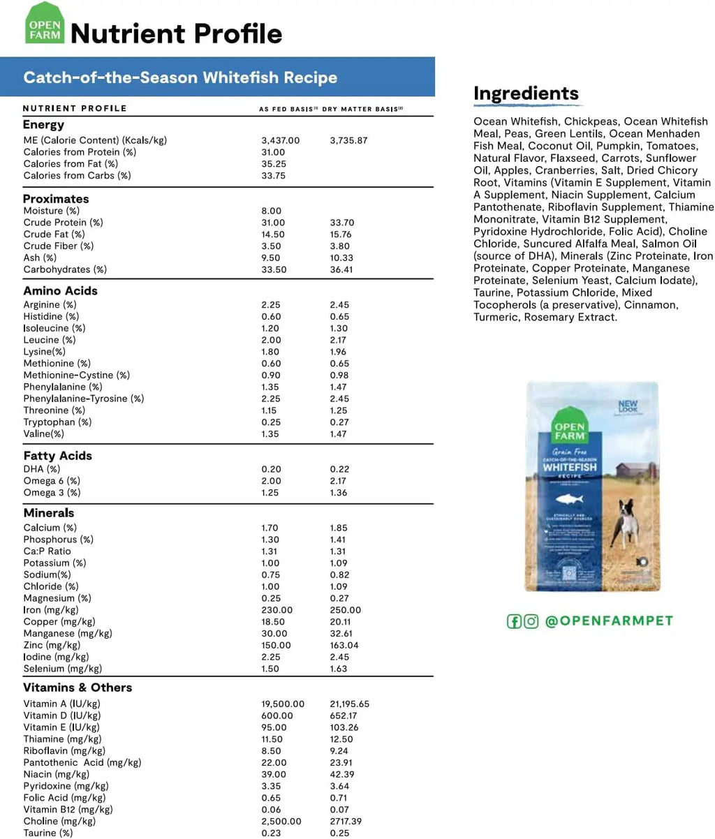 Open Farm Grain-Free Whitefish & Green Lentil Dry Dog Food - 4.5 lbs of Nutritious Goodness for Your Furry Friend! Nectars Pet Inc