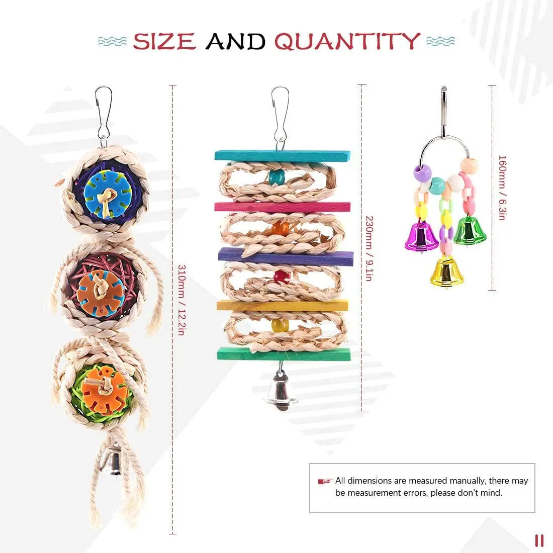 Hilitchi Vibrant 3-Pack Bird Toy Set: Engaging Hanging Bells, Rattan Balls, and Twisted String for Happy Parrots, Parakeets, and Lovebirds - Perfect for Small Cages! Hilitchi