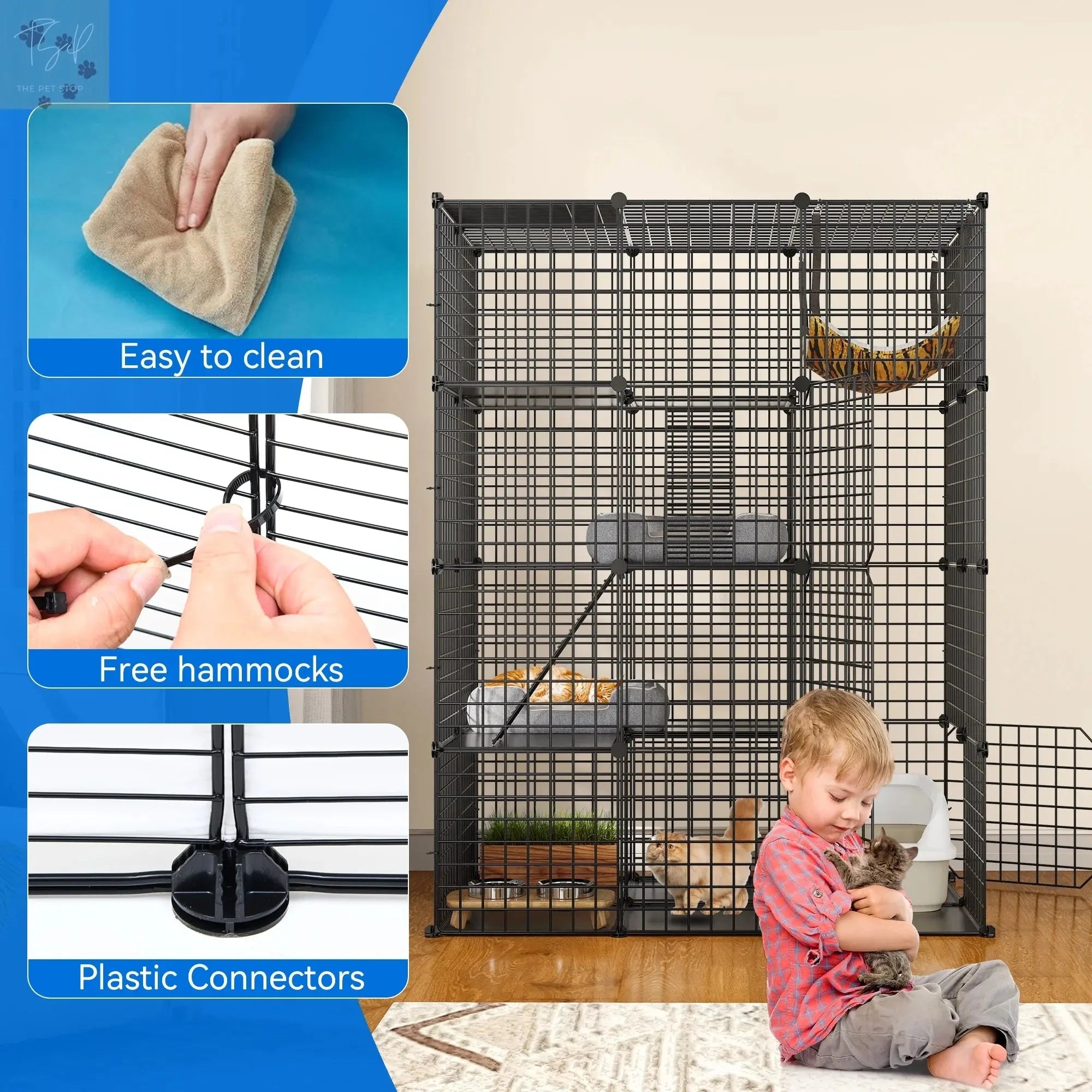 Dextrus 4-Tier Large Cat Cage with Hammock - Metal Wire Kennel and DIY Playpen for 1-3 Cats Dextrus