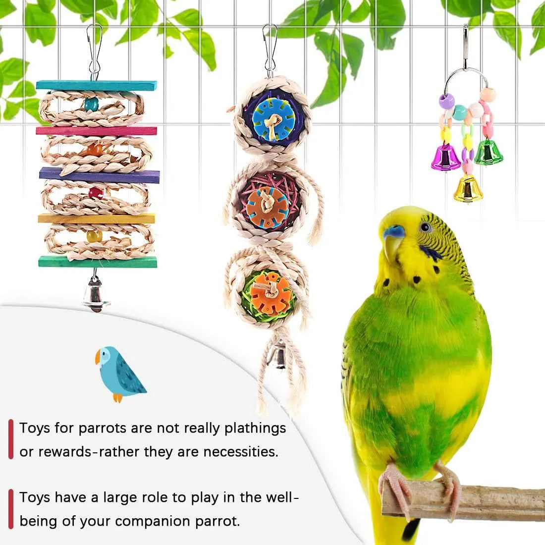 Hilitchi Vibrant 3-Pack Bird Toy Set: Engaging Hanging Bells, Rattan Balls, and Twisted String for Happy Parrots, Parakeets, and Lovebirds - Perfect for Small Cages! Hilitchi