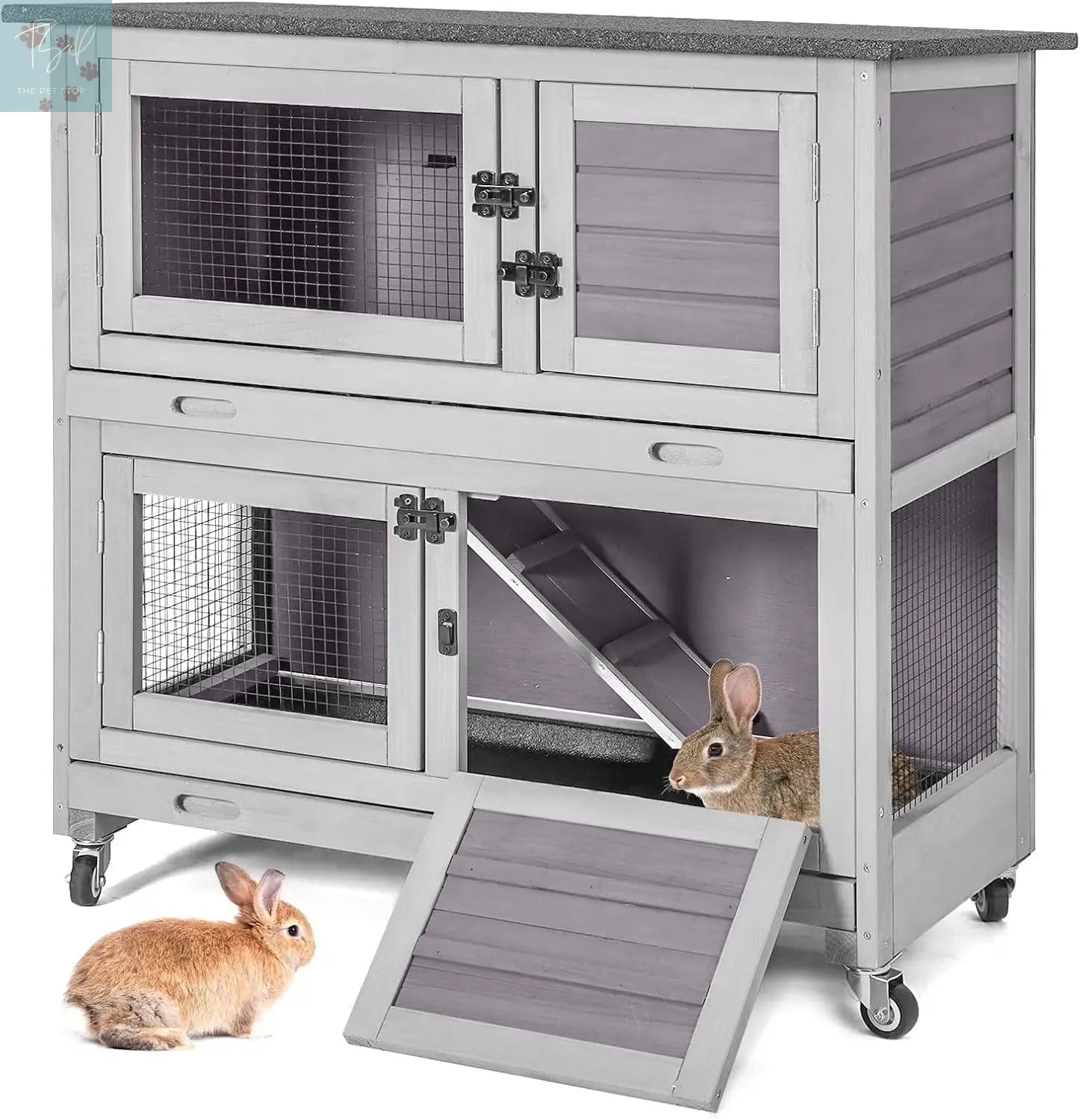 Aivituvin Wooden Bunny Hutch Indoor & Outdoor Rabbit Hutch Guinea Pig Cage for Small Animals with Trays (Grey) Aivituvin