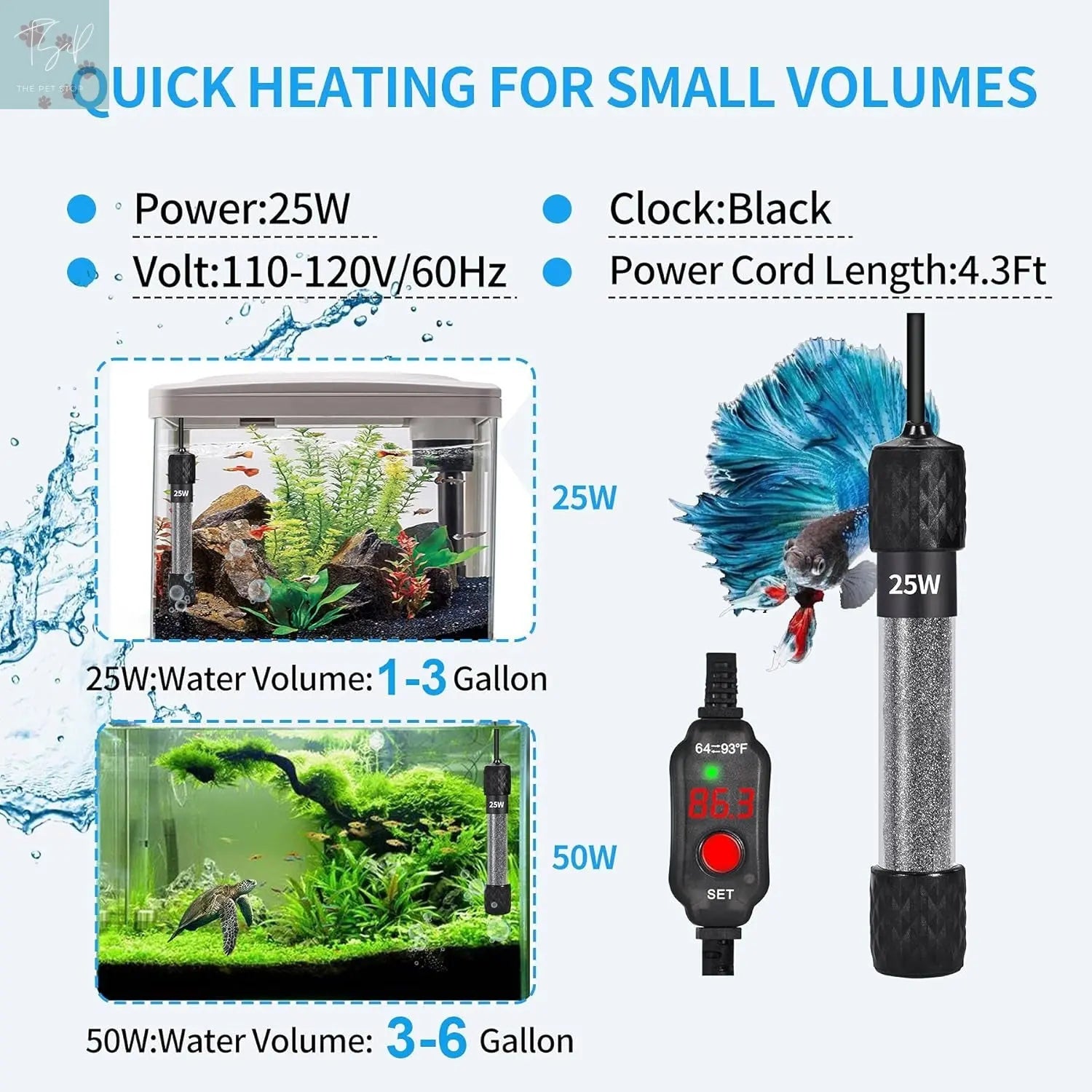 Small Aquarium Heater for 1-15 Gallon Tanks with Preset Temperature - Suitable for Betta, Turtles, and Both Saltwater and Freshwater - Available in 25W, 50W, and 100W Woliver