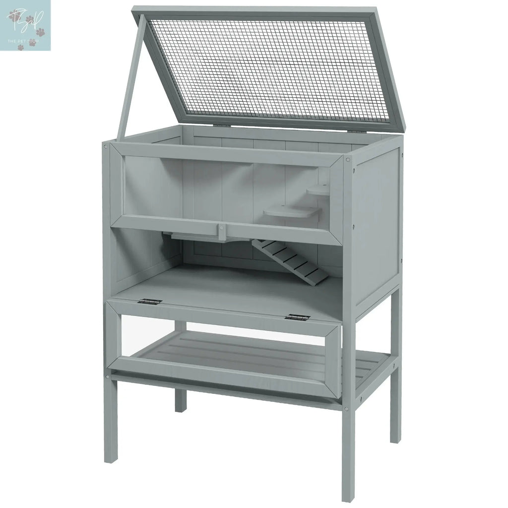 Pawhut 3-Tier Wooden Hamster Cage W/ Openable Top, Front Door, Shelf, Gray PawHut