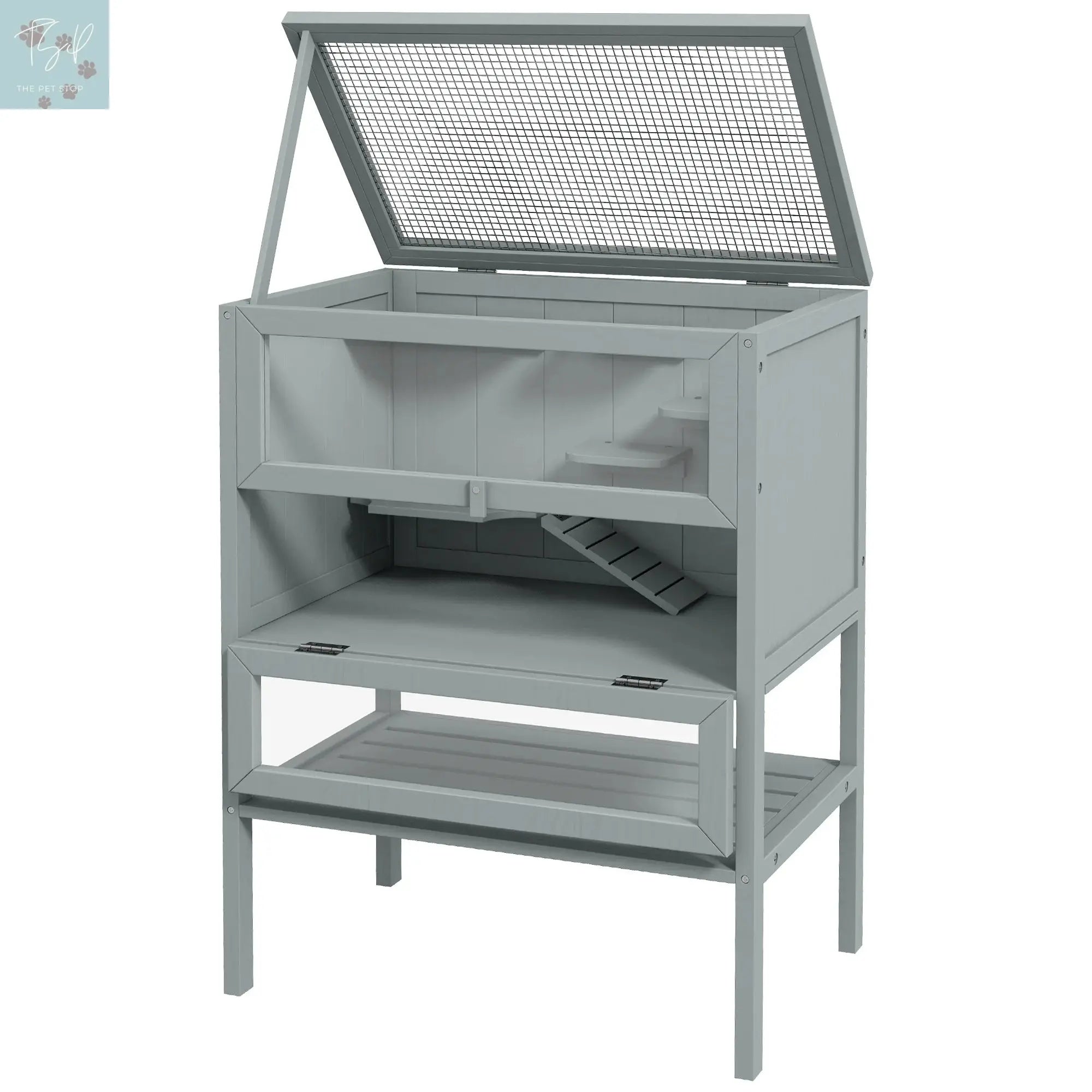 Pawhut 3-Tier Wooden Hamster Cage W/ Openable Top, Front Door, Shelf, Gray PawHut